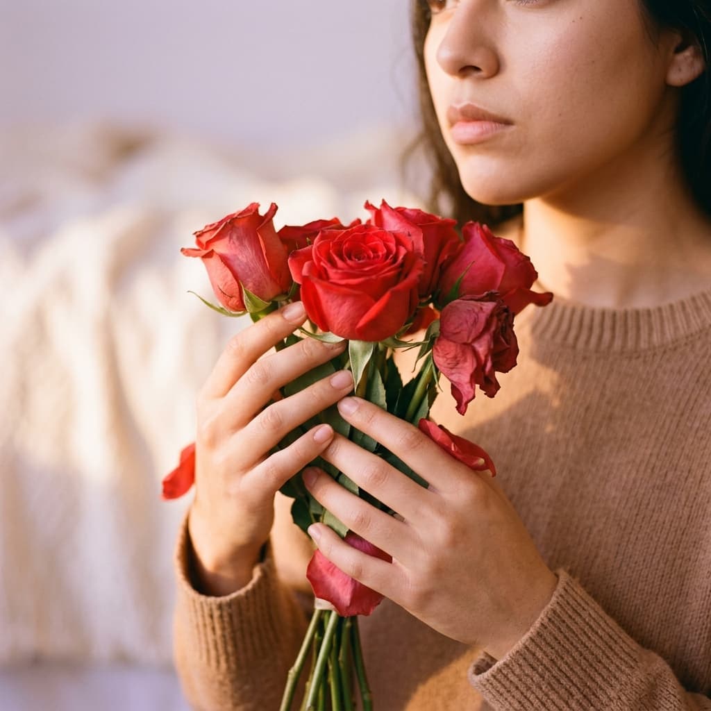 Mujer revisando mensajes de WhatsApp con señales de love bombing digital