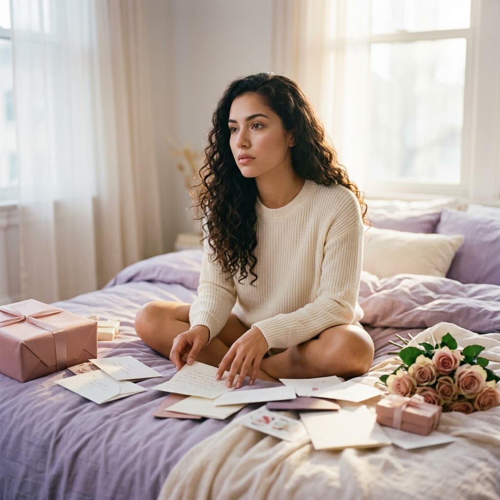 Mujer preocupada detectando señales de love bombing en una relación a distancia